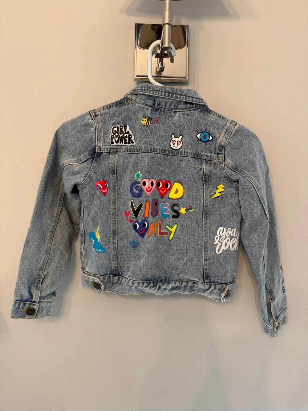 Lola + The Boys Light Blue Denim Jacket with Colorful Patch Details